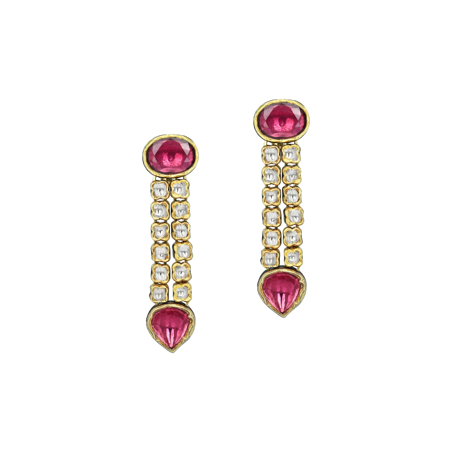Polki Diamond Necklace Set with Deep Pink Gemstones and Drop